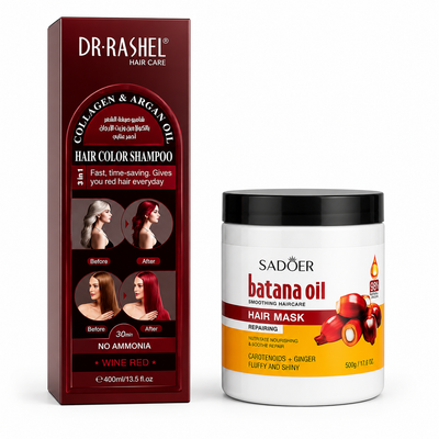 Pachet Promo Red Velvet Repair – Șampon Nuanțator Wine Red + Mască Batana SADOER