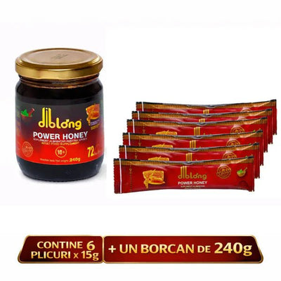 Diblong Power Honey – 6 Plicuri x 15g + Borcan 240g - Miere cu Plante | VrajaDulce