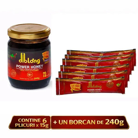 Diblong Power Honey – 6 Plicuri x 15g + Borcan 240g - Miere cu Plante | VrajaDulce