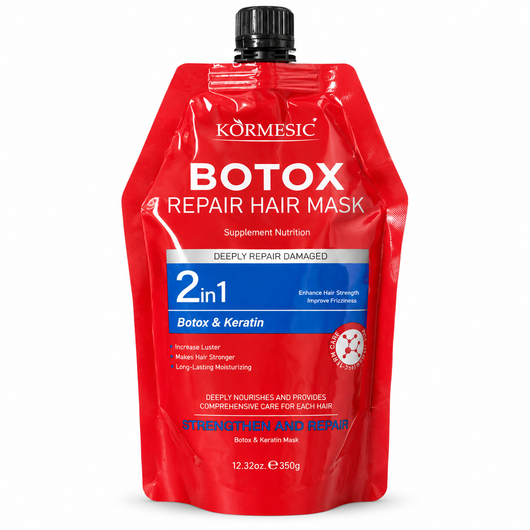 Mască KORMESIC Botox & Keratin Repair, pungă roșie de 350 g cu capac negru.