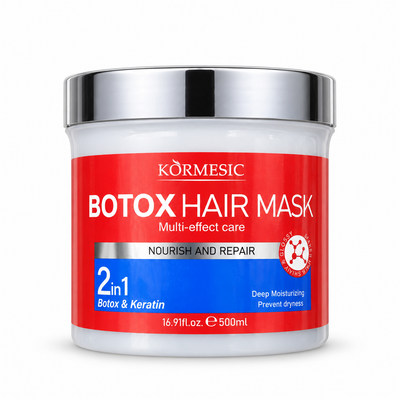 Mască de păr KORMESIC Botox & Keratin, borcan de 500 ml cu etichetă roșie și albastră.