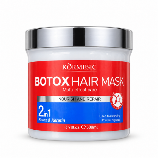 Mască de păr KORMESIC Botox & Keratin, borcan de 500 ml cu etichetă roșie și albastră.
