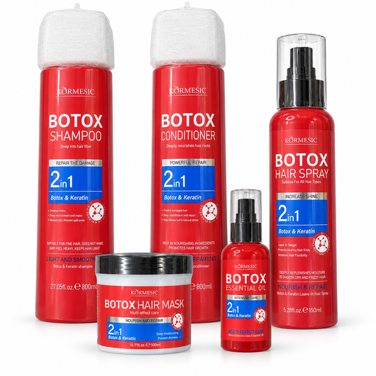 Set KORMESIC Botox & Keratin cu 5 produse: șampon, balsam, mască la borcan, spray și ulei de păr.