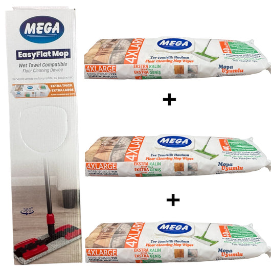 Mop Profesional EasyFlat cu Mecanism de Compresie + Lavetă Microfibră Inclusă, 120 cm, Compatibil cu Șervete Umede - | VrajaDulce