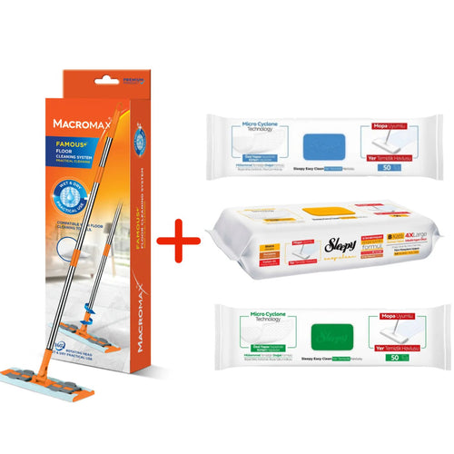 PACHET PROMO PREMIUM – Mop MACROMAX + 3× Lavete Umede Pardoseli Sleepy Easy Clean (White Soap, Herbal Soap, Bleach Additive) · 50 buc