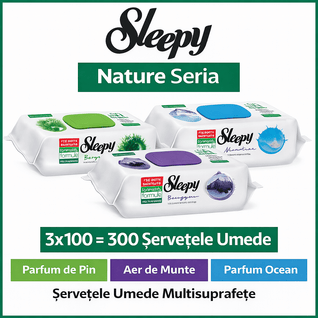 Pachet Trio Șervețele Umede Sleepy Nature Ocean + Pin + Mountain Breeze 3x100 buc