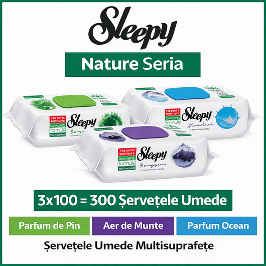 Pachet Trio Șervețele Umede Sleepy Nature Ocean + Pin + Mountain Breeze 3x100 buc - Servetele Umede | VrajaDulce