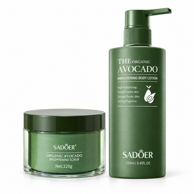 Pachet SADOER Avocado Duo Îngrijire Corp – Scrub 220 g + Loțiune 250 ml – fotografie de grup pe fundal alb
