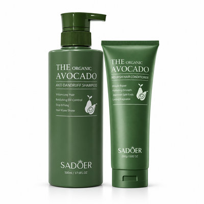 Pachet SADOER Avocado Duo Păr – Șampon 500 ml + Balsam 250 g – fotografie de grup pe fundal alb