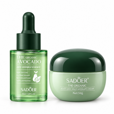 Pachet SADOER Avocado Duo Ser & Cremă – Ser 30 ml + Cremă 50 g – ser cu pipetă și produse pe fundal alb