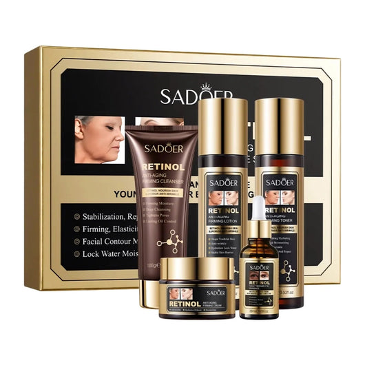 SADOER Retinol – Set Cadou Anti - Îmbătrânire cu 5 Produse (Curățare + Toner + Loțiune + Ser + Cremă) - | VrajaDulce