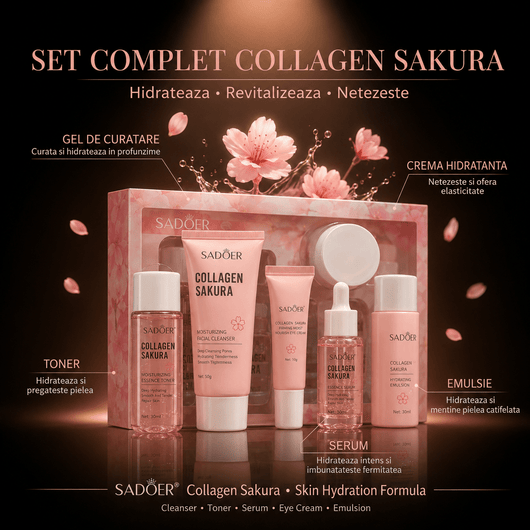 Set Complet De Călătorie Îngrijire Facială SADOER Collagen Sakura – 6 Produse pentru Hidratare, Fermitate și Luminozitate - | VrajaDulce