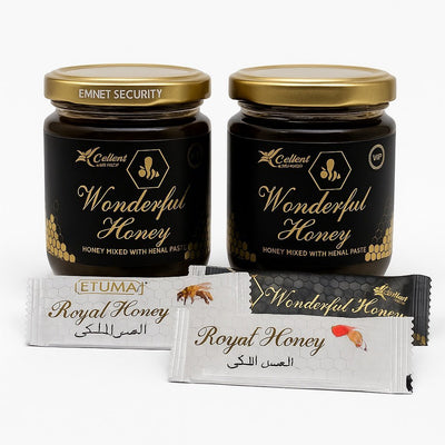 Set de 2 magiun - uri Wonderful honey borcan+ 3 plicuri de miere Royal honey - Miere Naturală | VrajaDulce