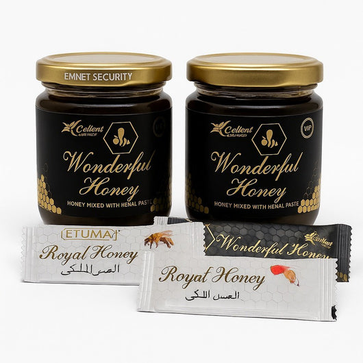 Set de 2 magiun - uri Wonderful honey borcan+ 3 plicuri de miere Royal honey - Miere Naturală | VrajaDulce