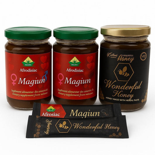 SUPER SET de 2 magiun - uri Themra + 1 miere Wonderful 240 grame + 2 plic - uri de 12 grame - Miere cu Plante | VrajaDulce